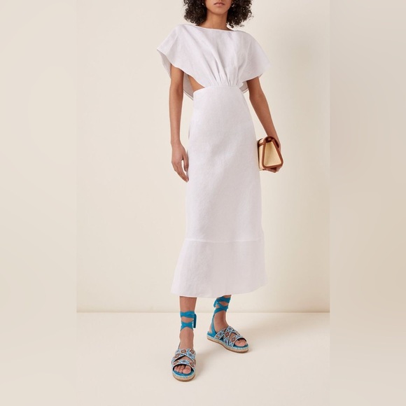 $2200 Miu Miu Drape Detailed Textured Linen‎ Midi Toga Dress Minimalist Designer